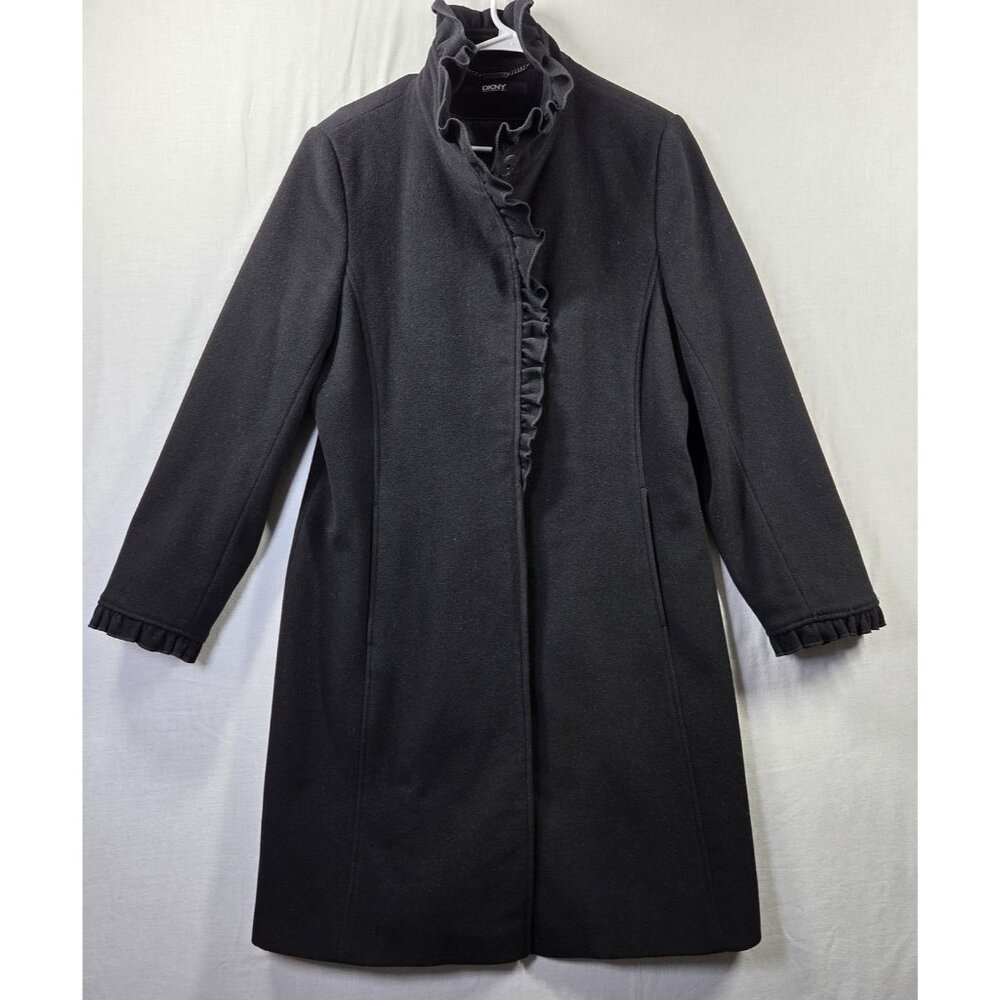 DKNY Coat Womens 12 Black Wool Cashmere Blend Ruffle Collar Long Dressy